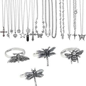 19pcs Silver Y2K Necklace Set for Women Goth Fairy Grunge Alt Jewelry